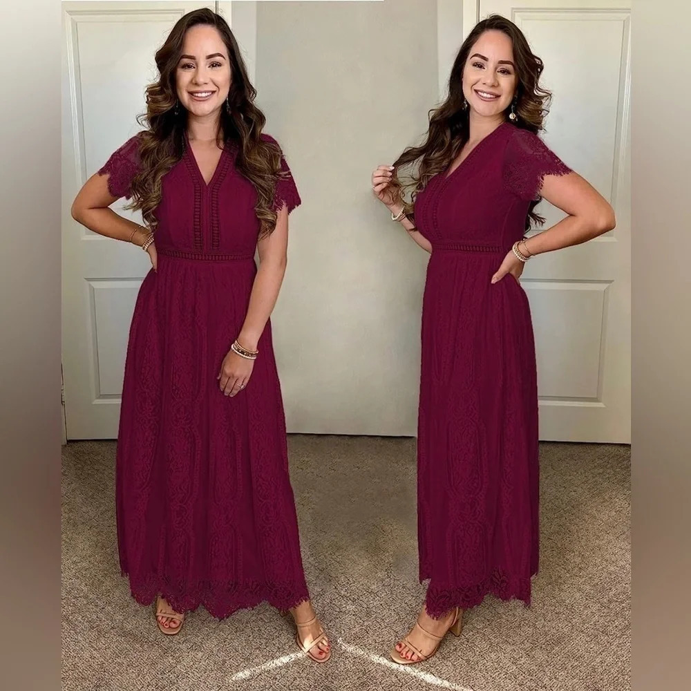 MEROKEETY V Neck Lace Wine ColorWedding Dress Bridesmaid Cocktail Maxi Dress